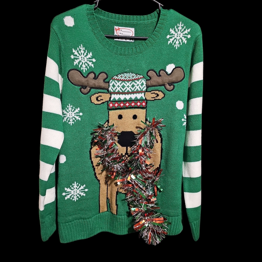 Green Reindeer Sweater with‎ Snowflake Design